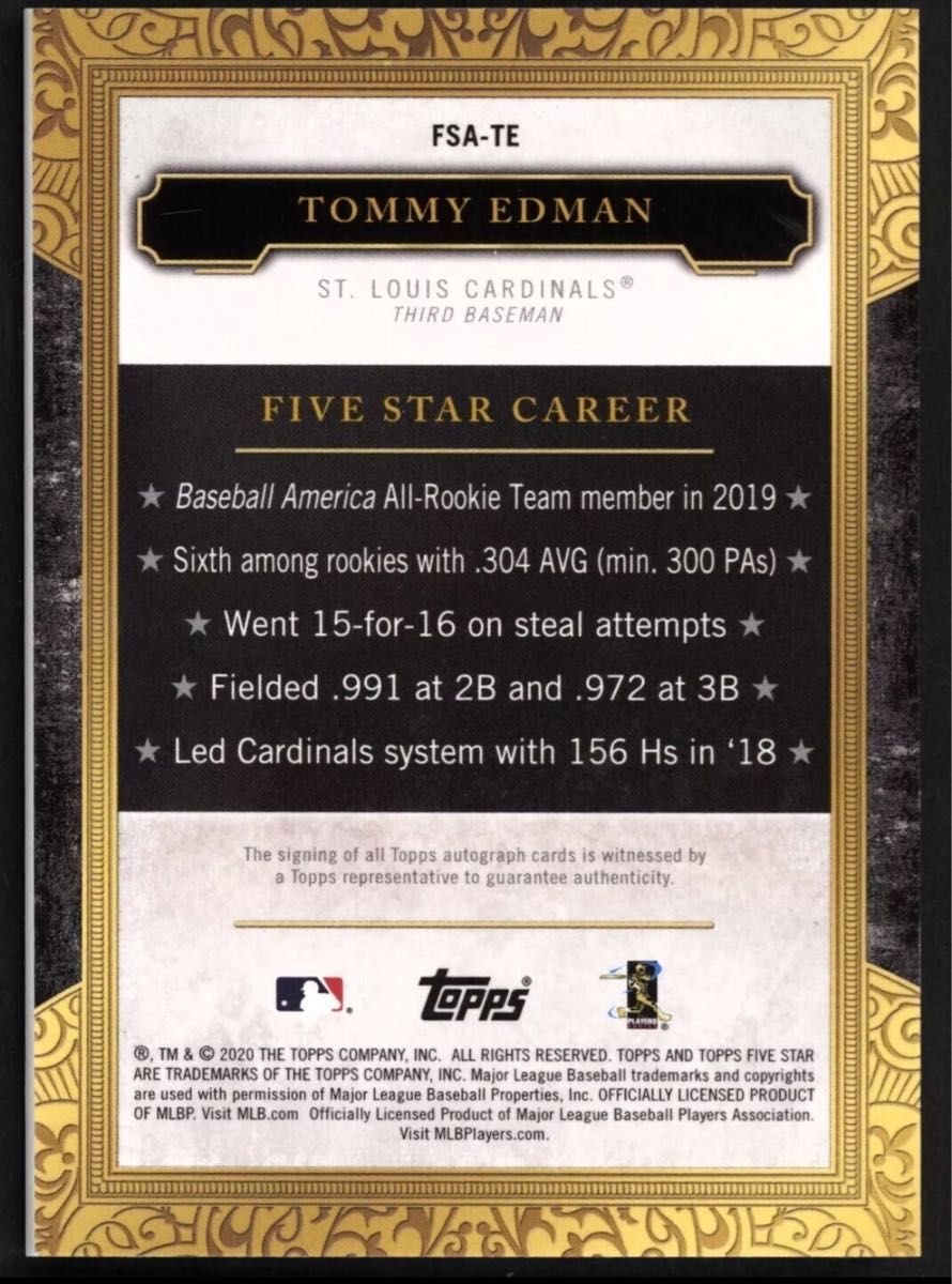 Tommy Edman Auto Topps Five Star トミー・エドマン 直筆サイン Tommy Edman Auto Topps Five Star トミー・エドマン 直筆サイン