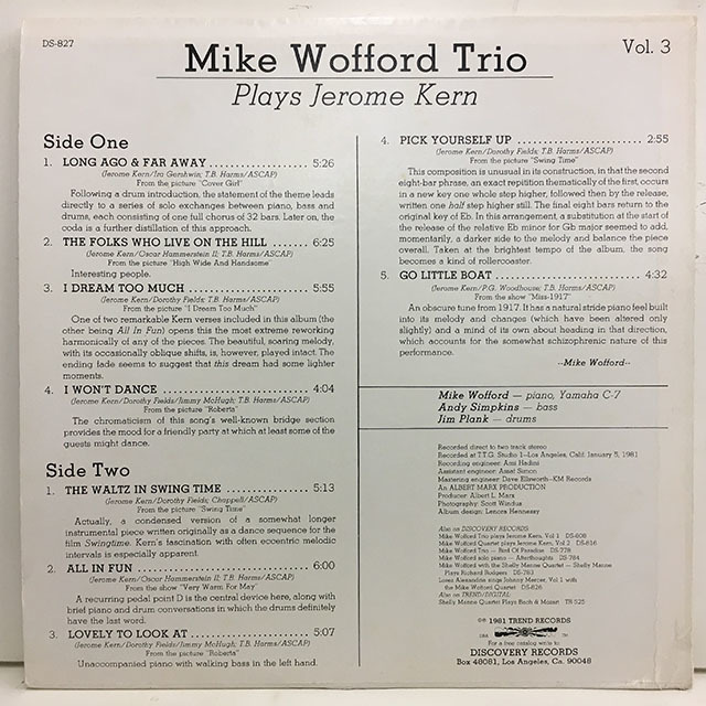 ■即決 Mike Wofford / plays Jerome Kern オリジナル _画像2