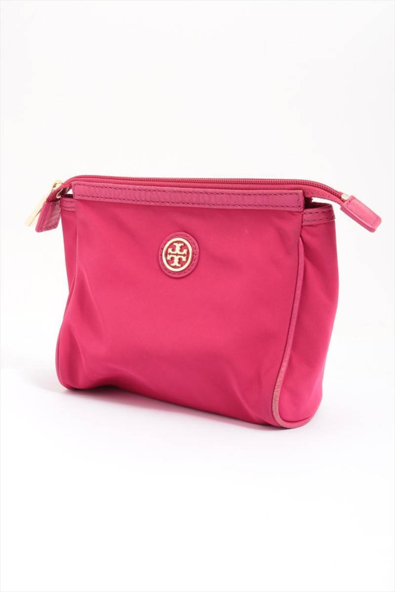 美品◆ トリーバーチ ◆ TORY BURCH ◆ ナイロン製・化粧ポーチ 小物入れ ◆ ピンク系 × ゴールド金具 ◆ 送料無料！！_　開閉は、 フェスなー式 です。