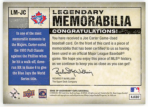 カナダ殿堂BLUEJAYS-INDIANS△JOE CARTER/2008 UD SP LEGENDARY CUTS LEGENDARY MEMORABILIAジャージ #25!_画像2