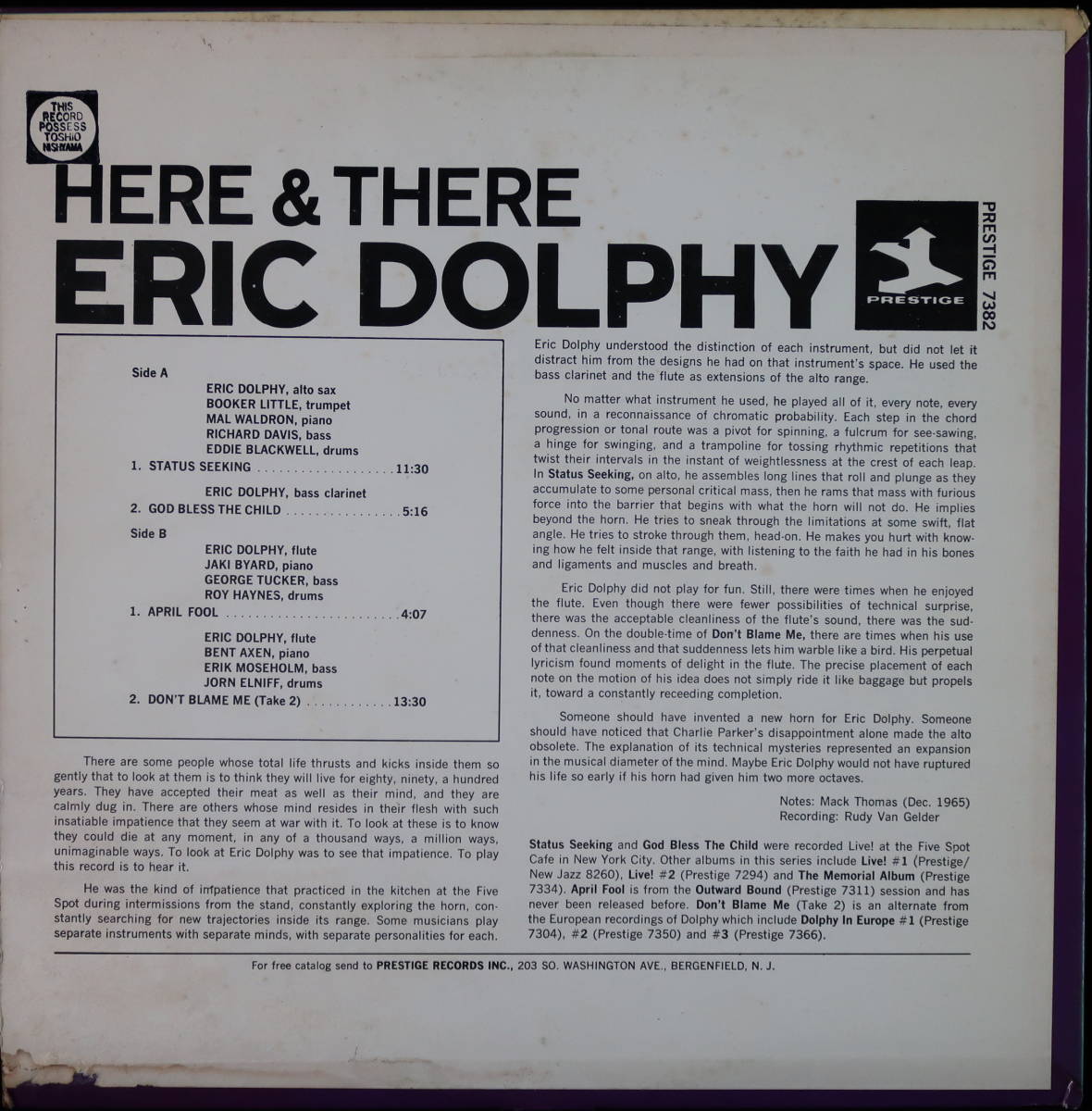 [US.盤] ERIC DOLPHY :here and there_画像2