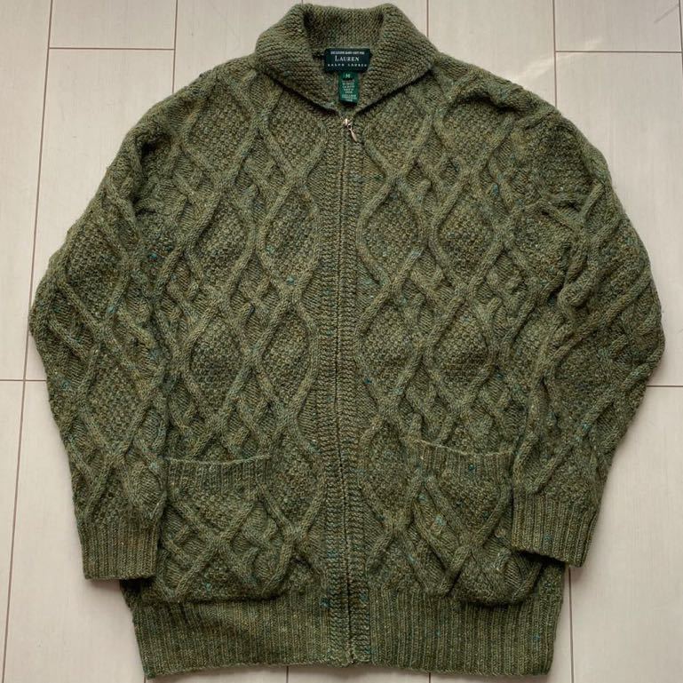 送料無料 lauren ラルフローレン ショールカラー ZIP HAND KNIT ニット セーター ケーブル フィッシャーマン アラン polo country RRL 緑 M_画像1