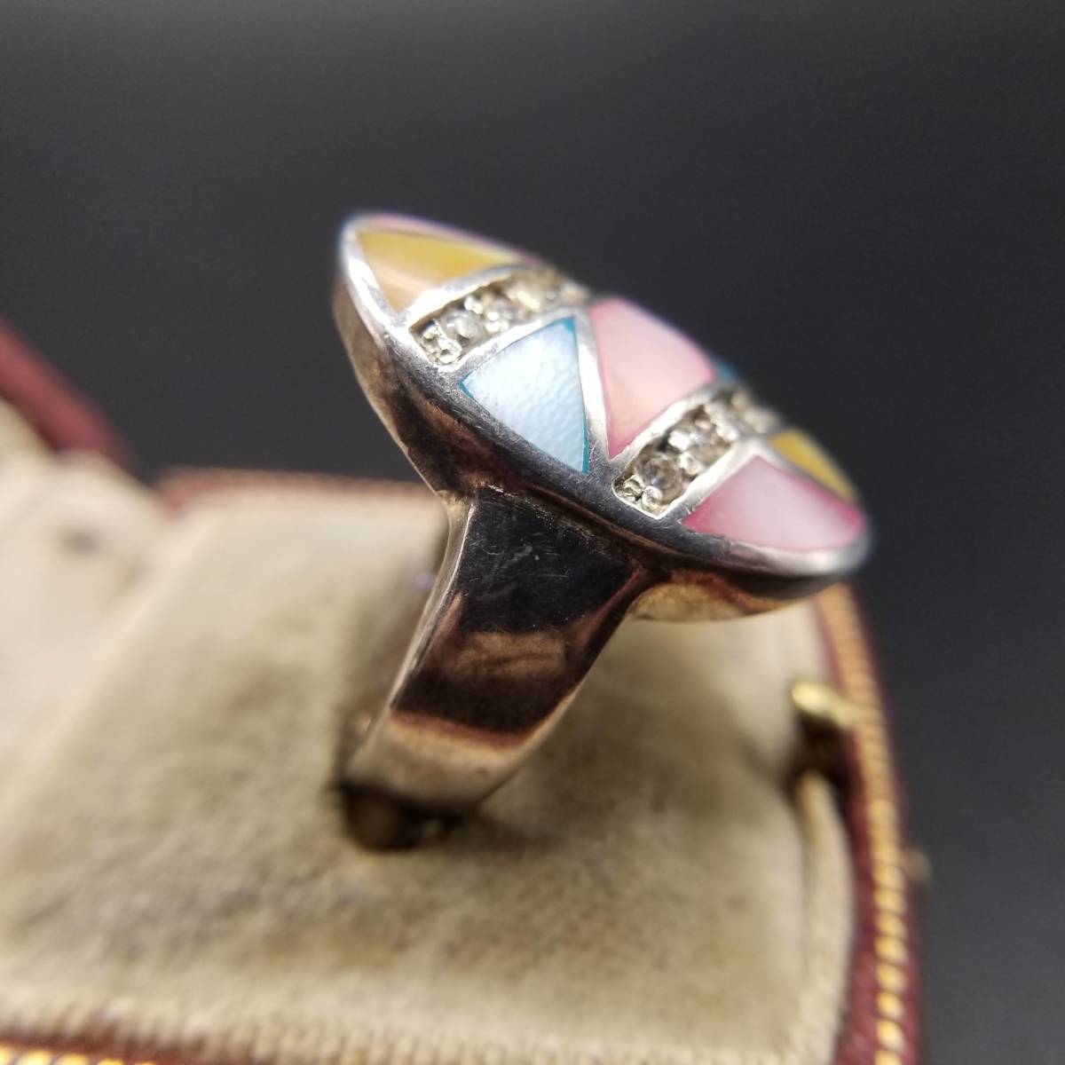 トリコカラー オーバルトップ ラインストーン装飾 925 シルバー ヴィンテージ リング 銀 指輪 レトロ パステルカラー 春色 ジュエリー Y5-A_画像3