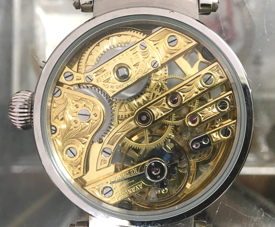 1905年 パテックフィリップ懐中時計ムーブメント使用カスタム腕時計フルスケルトン フルエングレービング_画像8