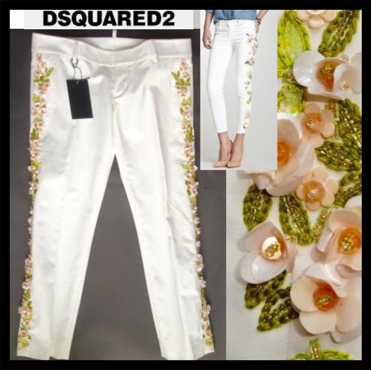 DSQUARED2 ビジュー パンツ ズボン ヒップハング 40 S M 新品 白 スパンコール ビーズ ガラス 花 刺繍 ディースクエアード 豪華 12万円相当