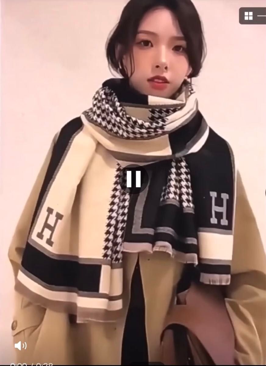 【H】ロゴ・ストール・リバーシブル・ジャガード織・ブラック系×千鳥格子柄・カシミヤタッチ・大判・羽織り・膝掛けブランケット・秋冬に