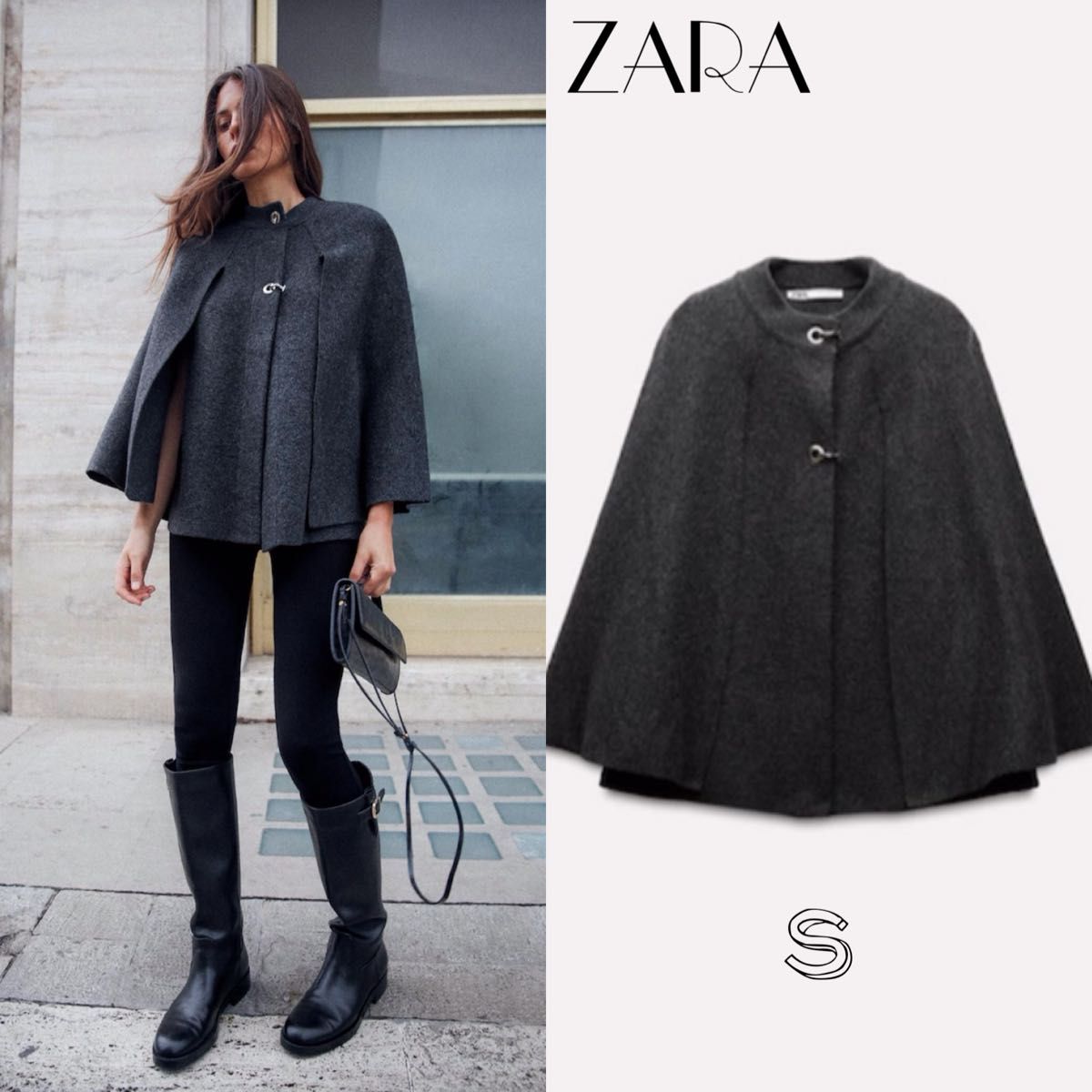 ザラ MANTECOケープコート M ポンチョコート 黒 ZARA ニットケープコート ケープ、ポンチョ、マント