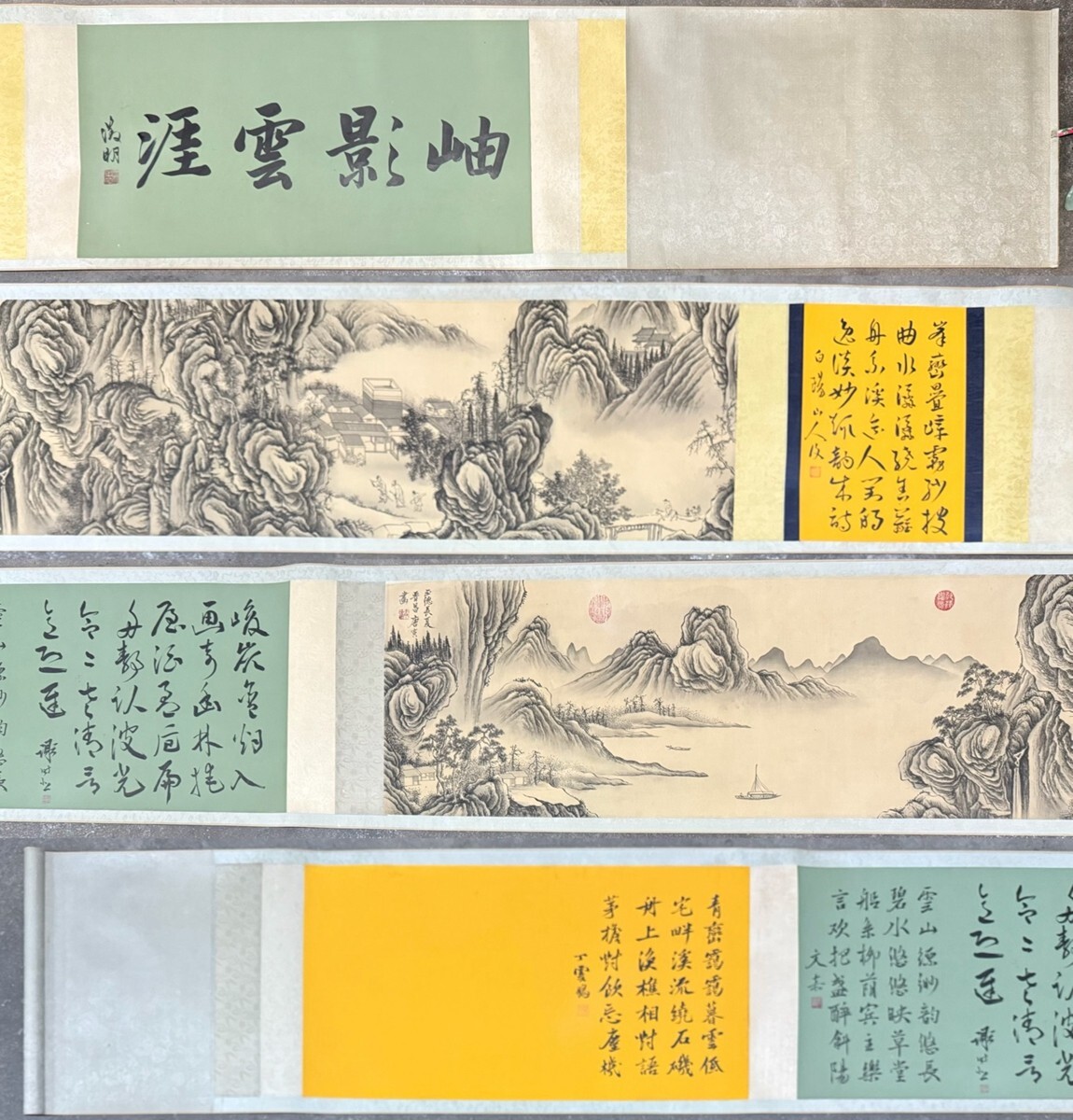掛軸 水墨画 山水釣人図 漢詩 中国 年中飾り 中国美術 古美術 伝統工芸 古びた蔵 中国書画 明代画家『唐寅 水墨山水図長巻 肉筆絹本
