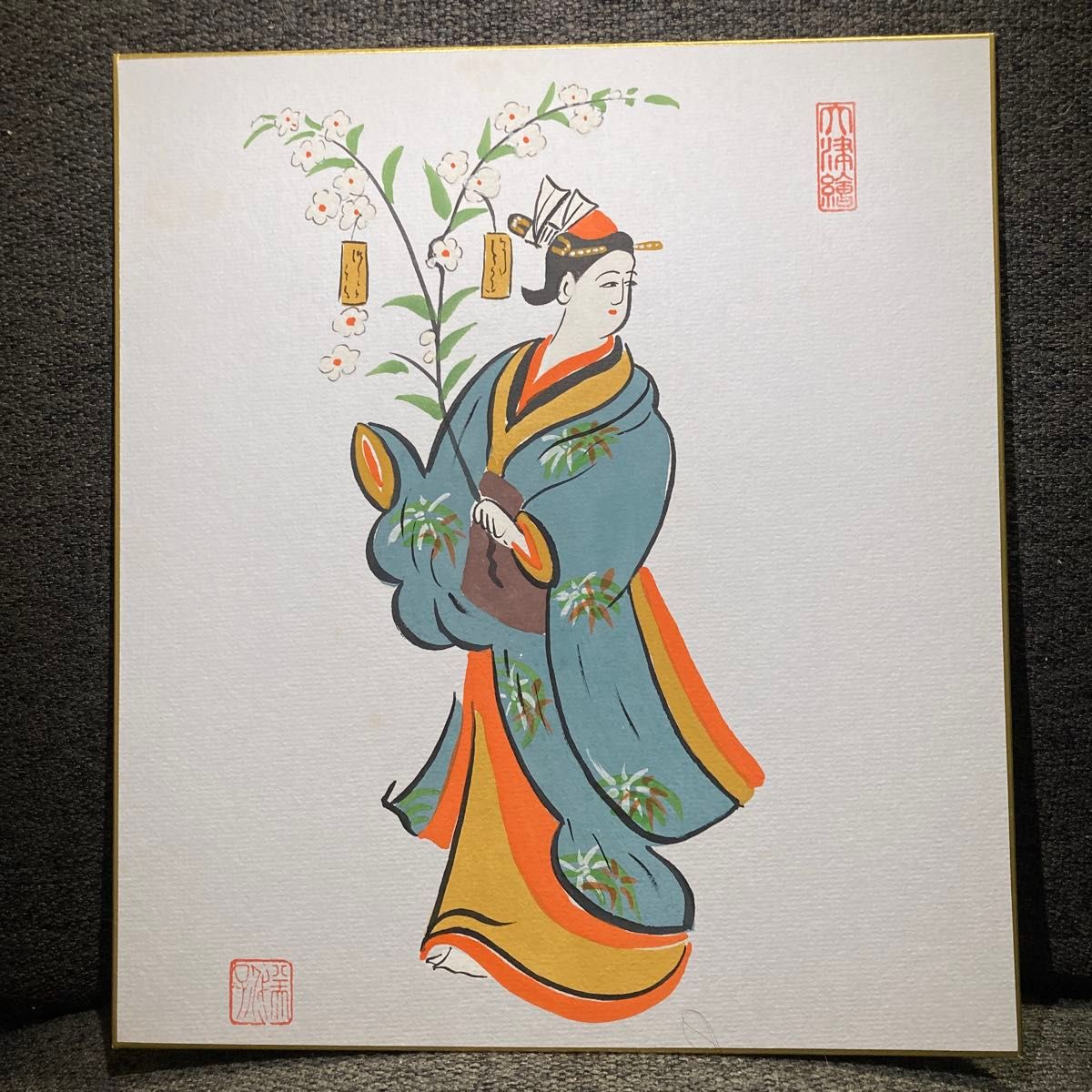 大津絵 花持つ女(はなもつおんな) 肉筆画 色紙 絵 和風 伝統 和
