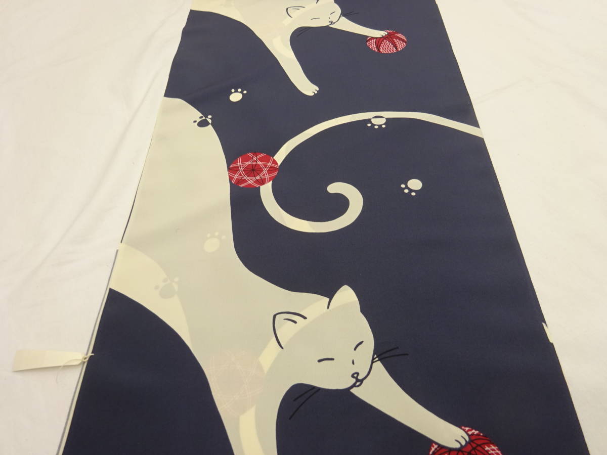  new goods * silk * cloth * genuine Kyouyuuzen * hand ... thing long kimono-like garment * navy blue gray ground . cat .. pattern. 