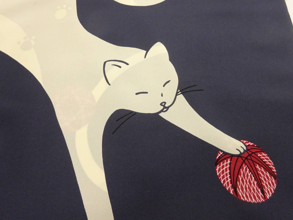  новый товар * натуральный шелк * ткань * подлинный Kyouyuuzen * рука ... предмет длинное нижнее кимоно * темно-синий серый земля . кошка .. рисунок. 