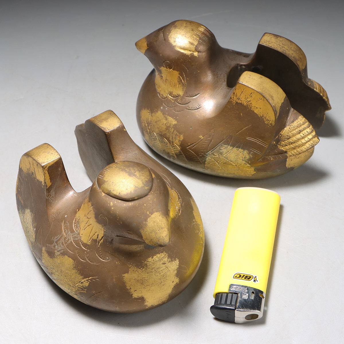 PK297. 金工美術 塗金銅 鴛鴦 屏風押さえ / 銅器置物書道具文鎮 PK297. 金工美術 塗金銅 鴛鴦 屏風押さえ / 銅器置物書道具文鎮