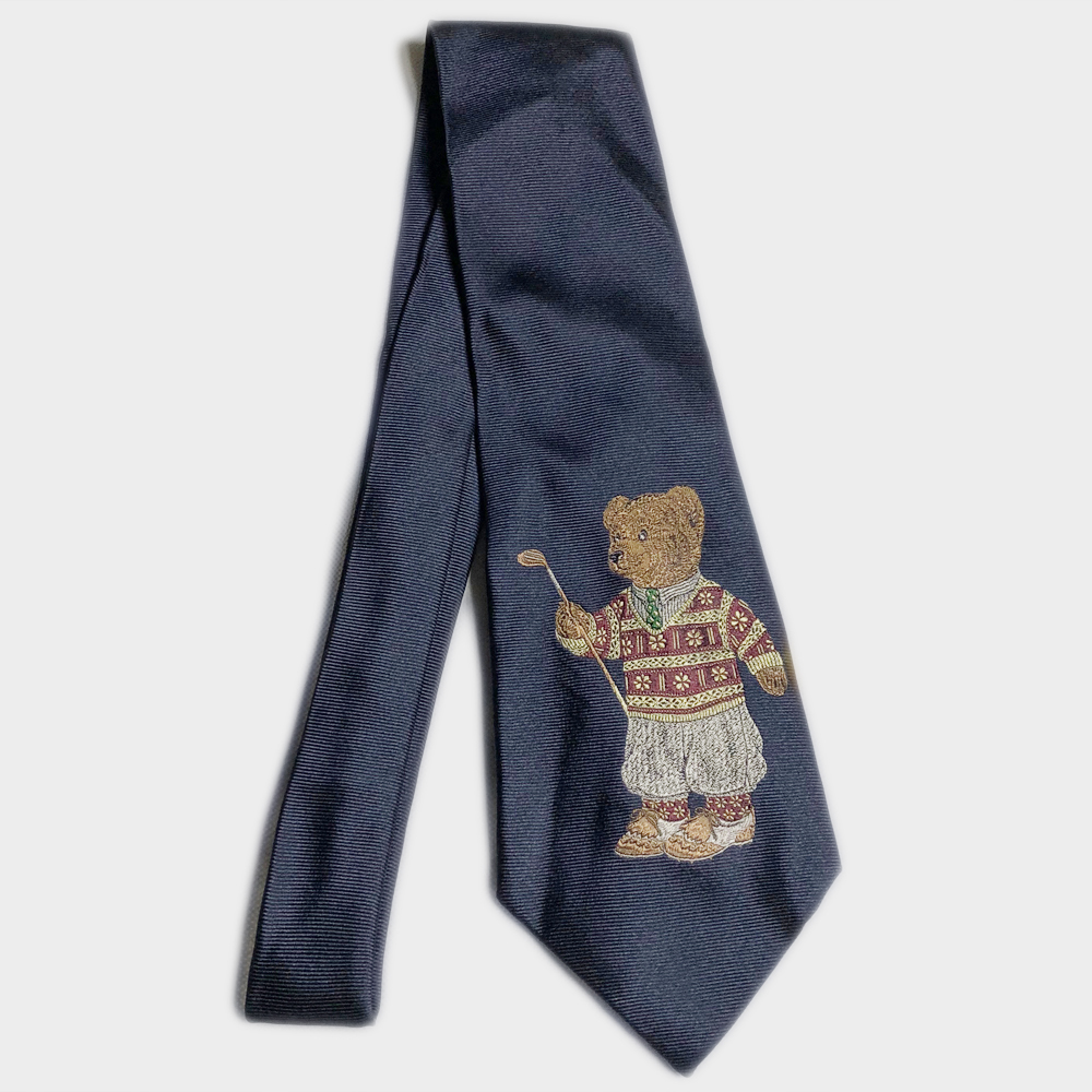 希少! 90年代 POLO RALPH LAUREN BEAR ポロベア GOLF ゴルフ TIE ネクタイ SILK シルク MADE IN USA アメリカ製 デッド NAVY ネイビー クマ_画像1