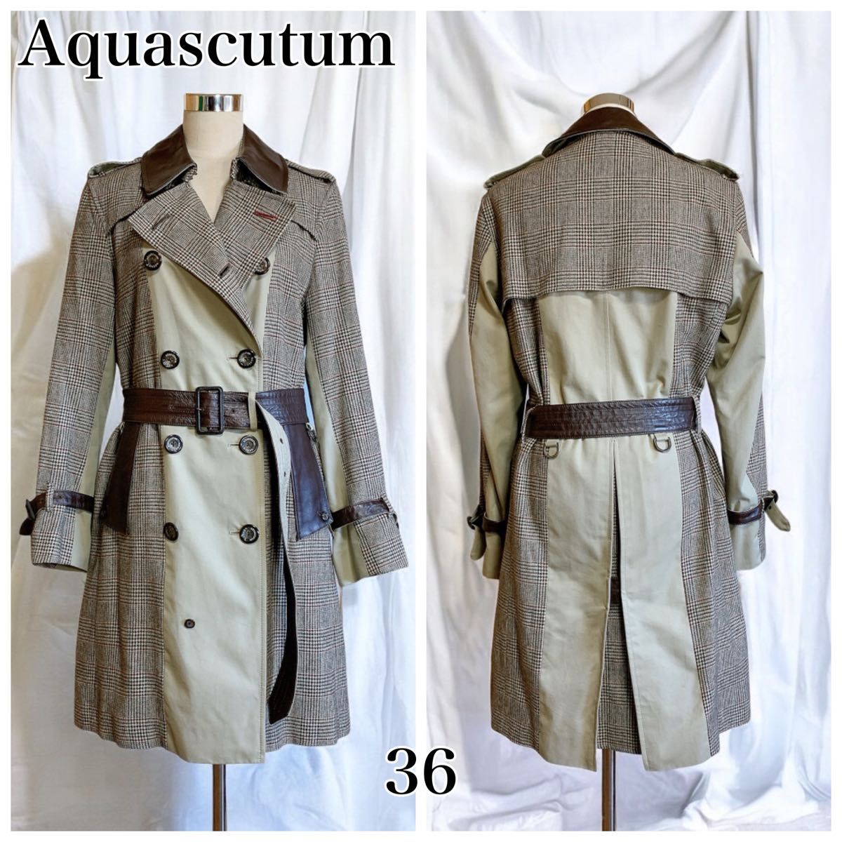 希少 Aquascutum ウール 羊革 切り替え トレンチコート チェック 希少 Aquascutum ウール 羊革 切り替え トレンチコート チェック