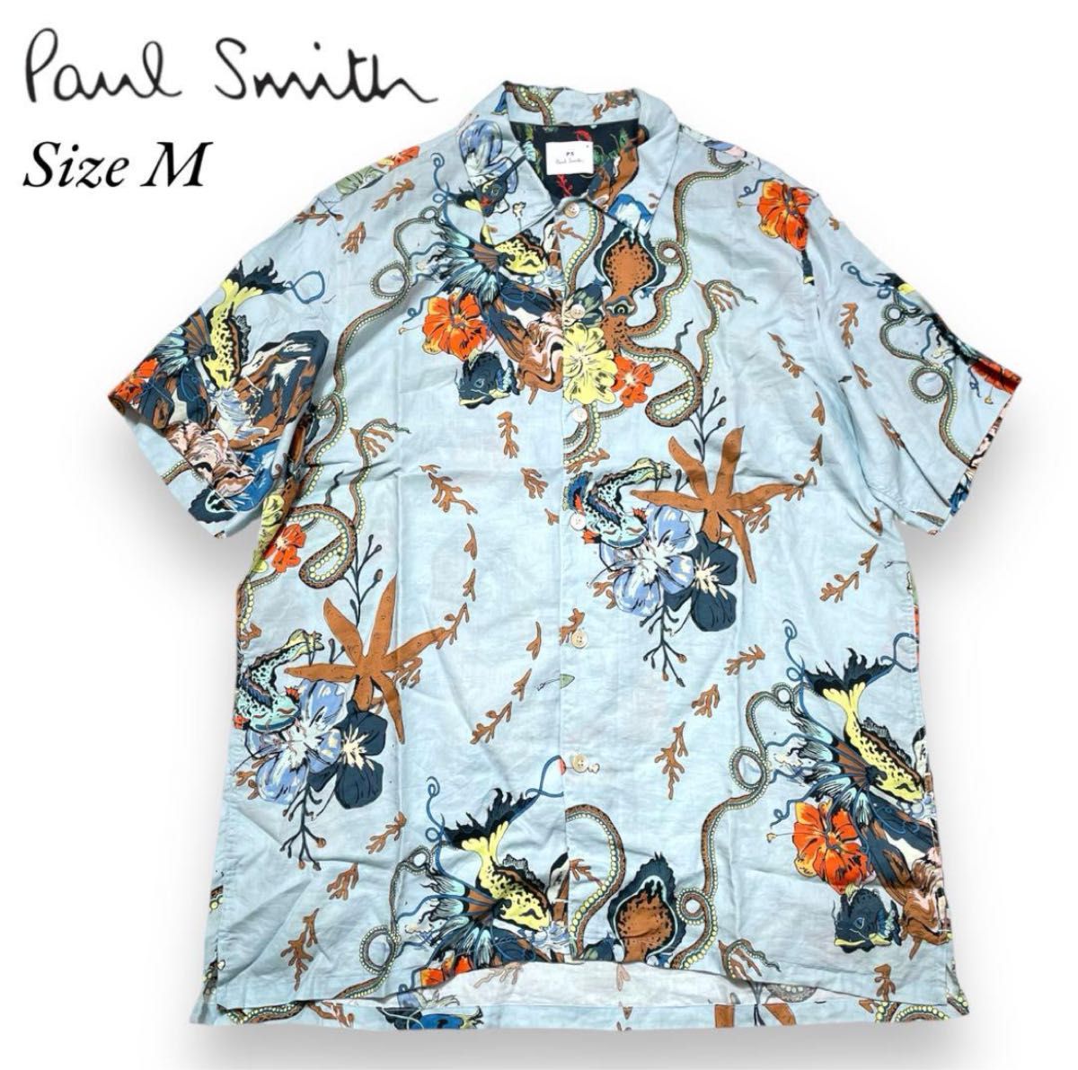 【海中柄】Paul Smith ポールスミス 半袖シャツ 総柄 アロハ 総柄 L Paul Smith ポールスミス アロハシャツ マリン 海中 総柄 半袖