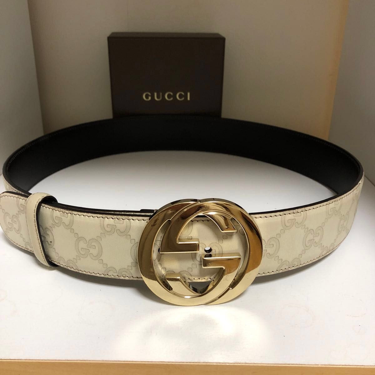 GUCCI グッチ gg柄ベルトゴールドバックルオフホワイト