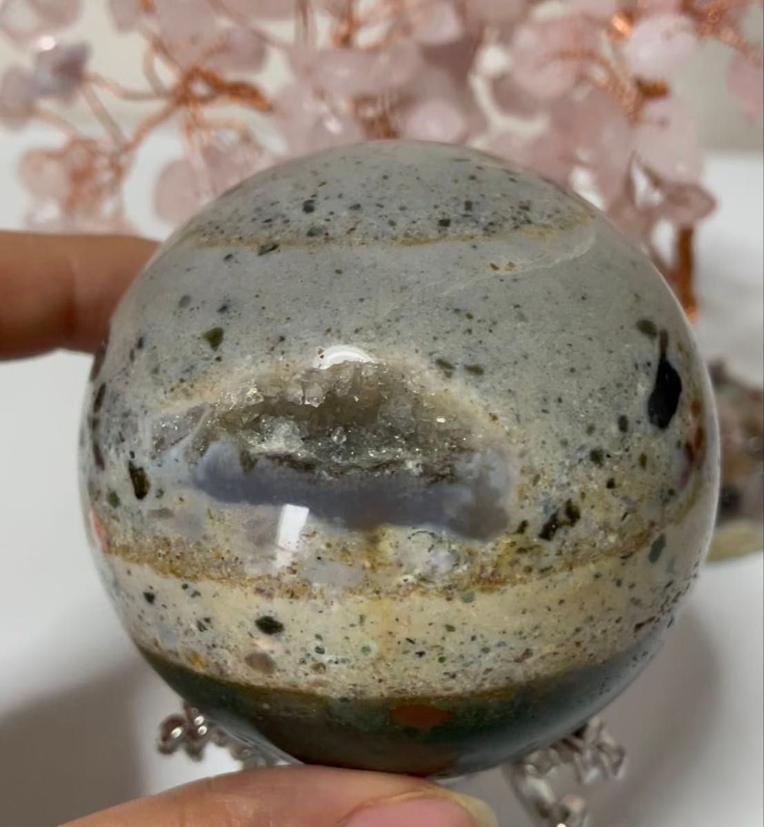 オーシャンジャスパー スフィア パワーストーン 海洋石 ラッキー 浄化 ジオード 水晶 クリスタル グリーン 置物 幸運 ラッキー