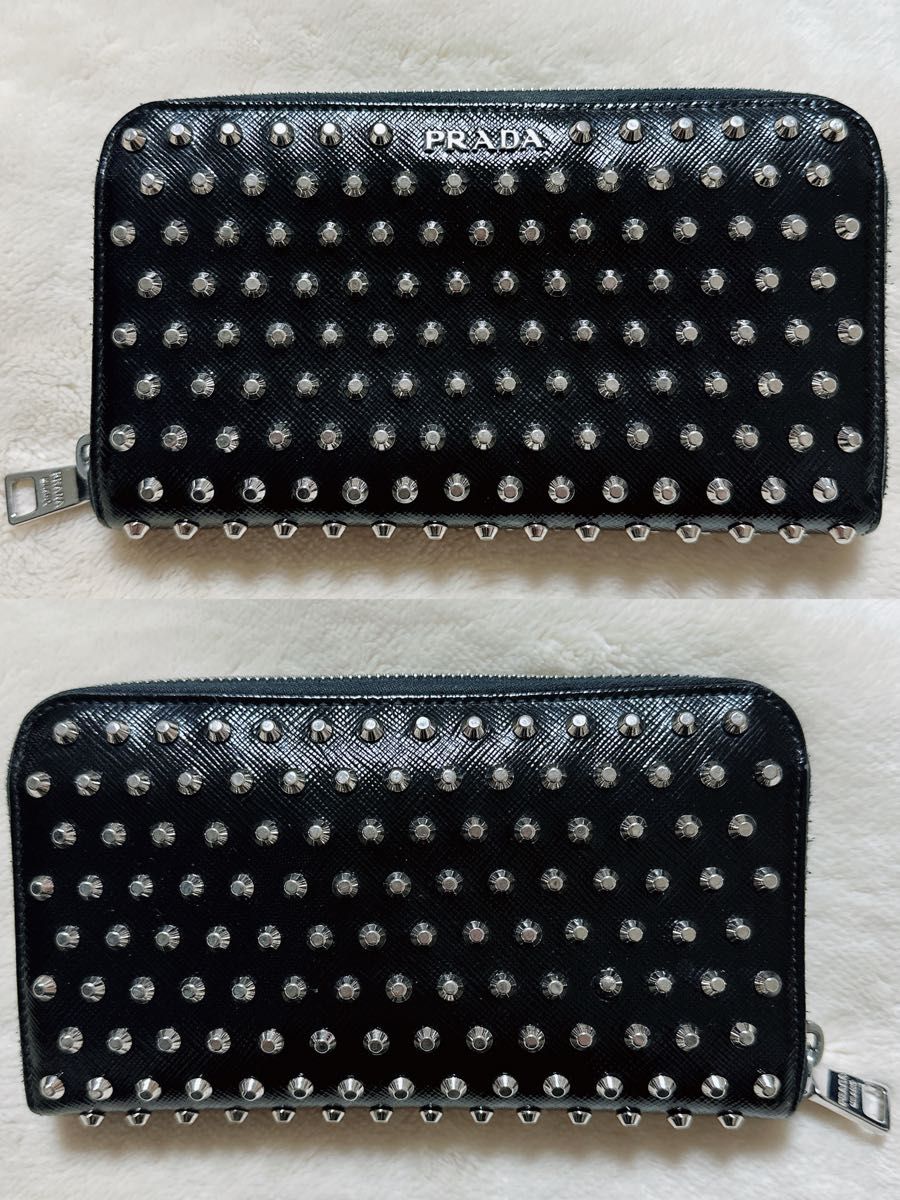 PRADA プラダ スタッズ ロゴ エナメルレザー ファスナー 長財布 PRADA プラダ スタッズ ロゴ エナメルレザー ファスナー 長財布