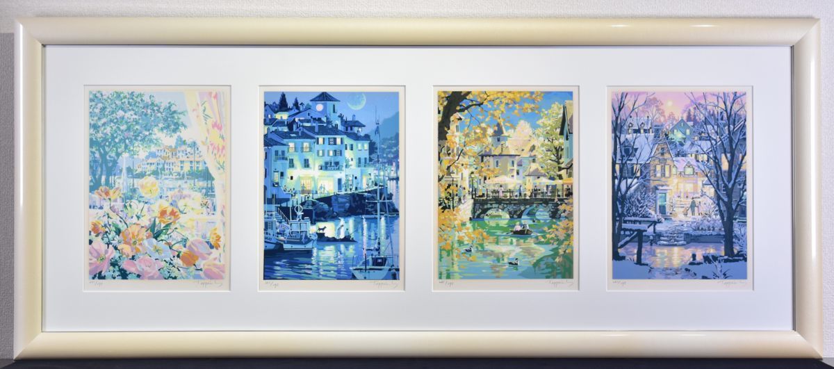 # genuine work popular author .. iron flat water side four season (4 point 1 collection frame ) silk screen remote island * Okinawa is delivery un- possible 