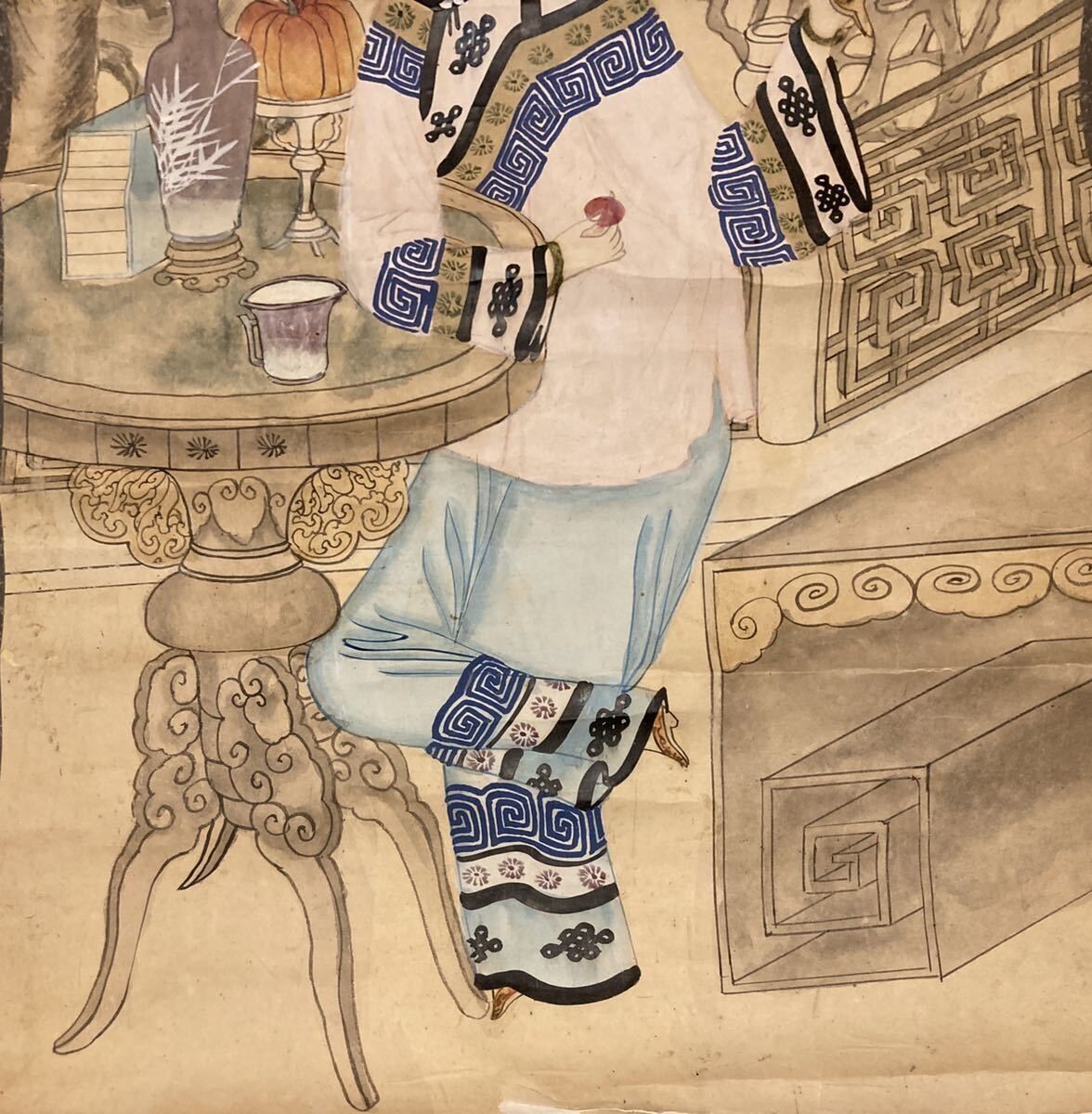 清代『中国 漢民 纏足美人図 蘇州 彩色 寿而康 肉筆 掛軸 』46cm 清代『中国 漢民 纏足美人図 蘇州 彩色 寿而康 肉筆 掛軸 』46cm