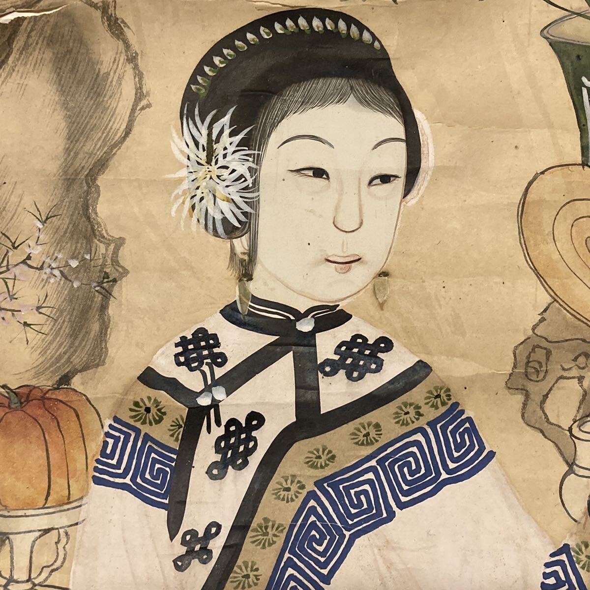清代『中国 漢民 纏足美人図 蘇州 彩色 寿而康 肉筆 掛軸 』46cm 清代『中国 漢民 纏足美人図 蘇州 彩色 寿而康 肉筆 掛軸 』46cm