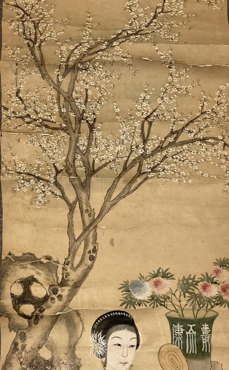 清代『中国 漢民 纏足美人図 蘇州 彩色 寿而康 肉筆 掛軸 』46cm 清代『中国 漢民 纏足美人図 蘇州 彩色 寿而康 肉筆 掛軸 』46cm