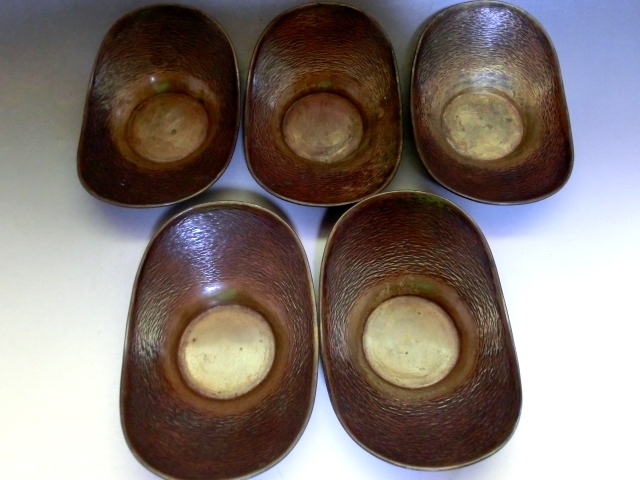 茶托■銅製 小判型 鉋目 5客 煎茶道具 古美術 時代物 骨董品■_画像4