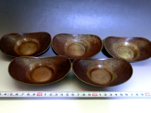 茶托■銅製 小判型 鉋目 5客 煎茶道具 古美術 時代物 骨董品■_画像1