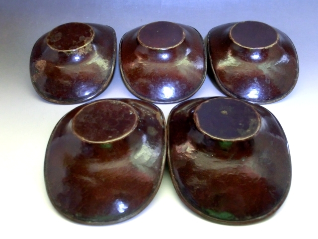 茶托■銅製 小判型 鉋目 5客 煎茶道具 古美術 時代物 骨董品■_画像5