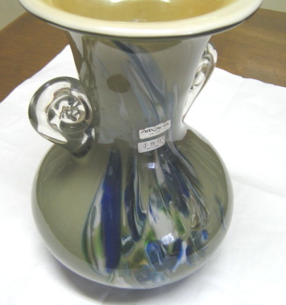 ★展示品！日本製アートグラス手作り薄カーキ&藍色白の花瓶置物　高さ25cm_画像7