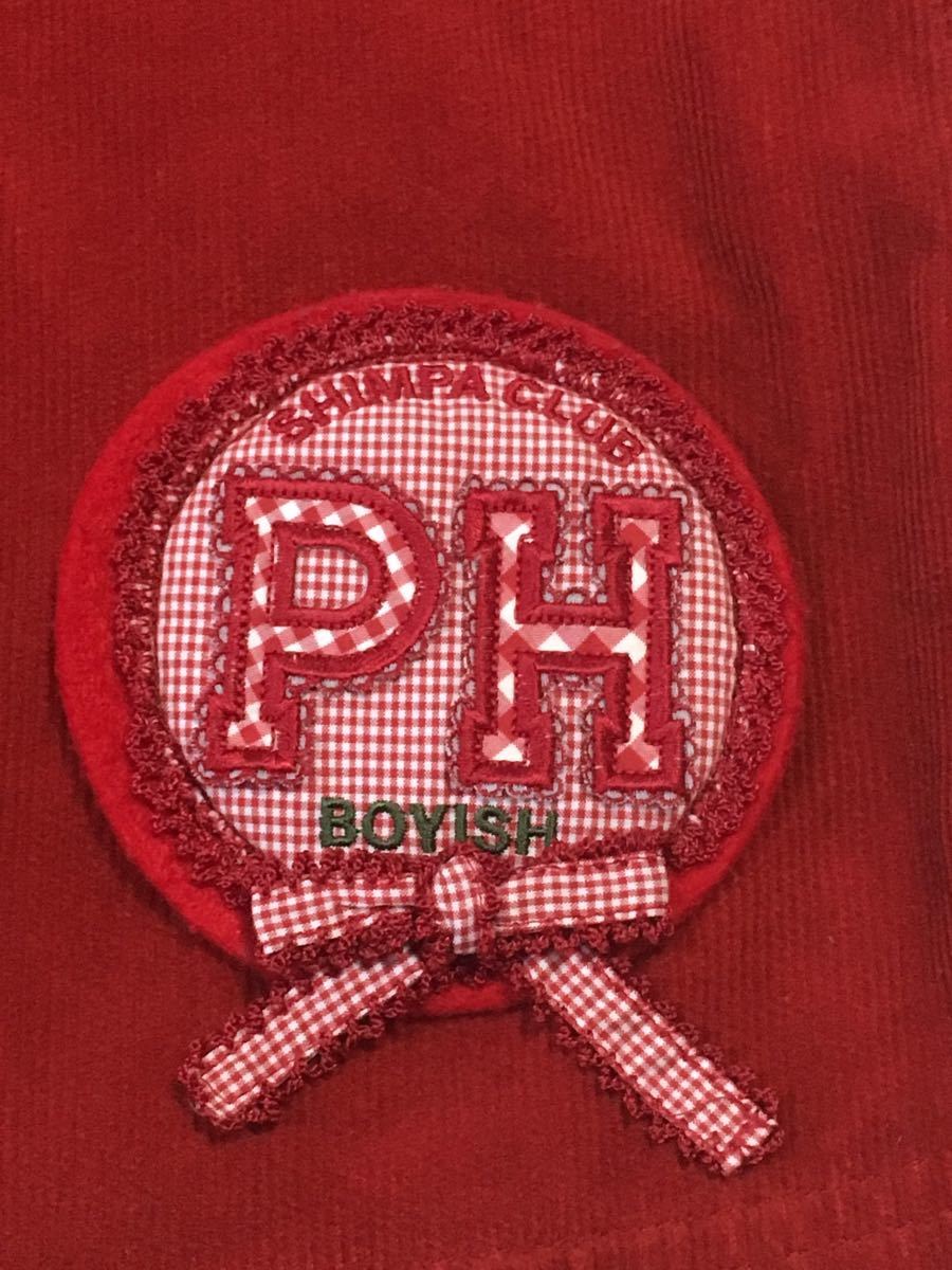 ピンクハウス ギンガムチェックのワッペン付き・赤コーデュロイのジャンパースカート