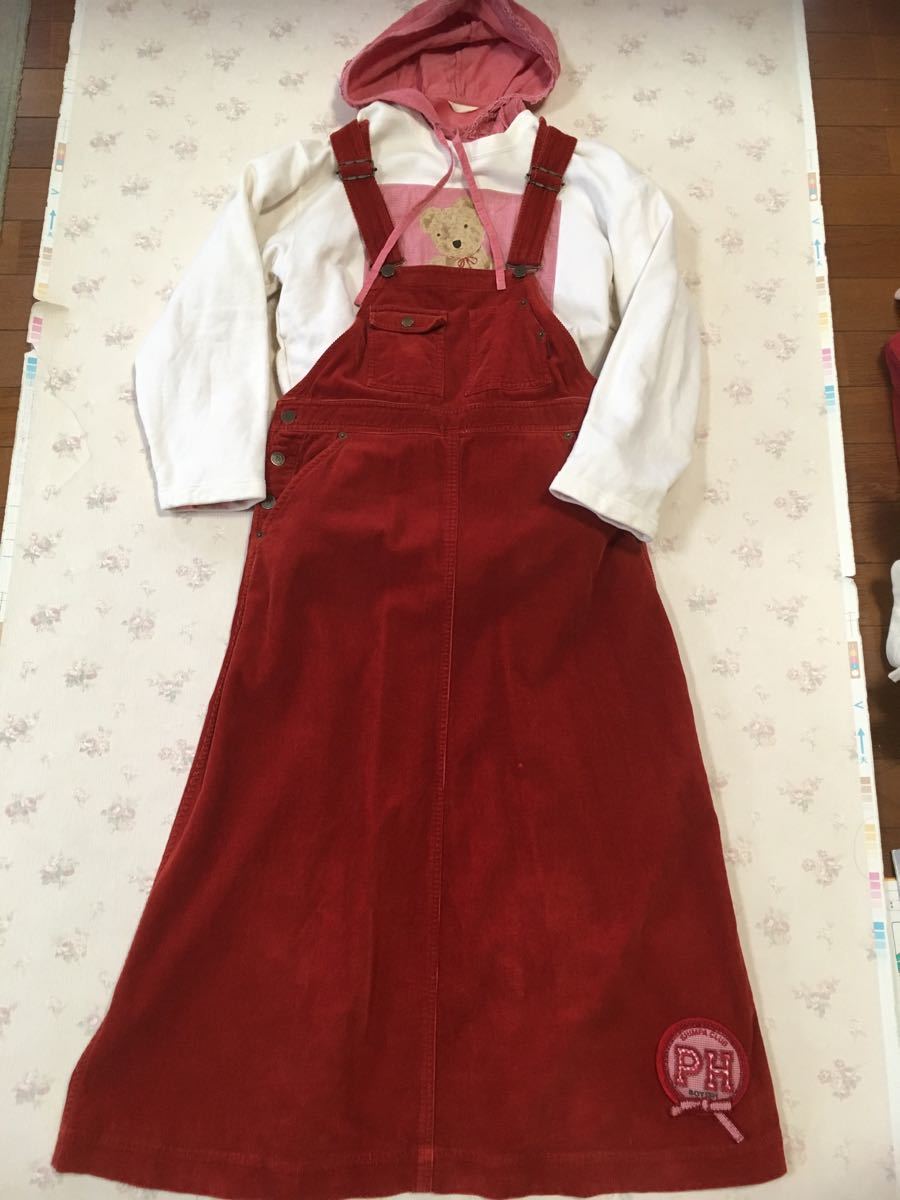 ピンクハウス ギンガムチェックのワッペン付き・赤コーデュロイのジャンパースカート