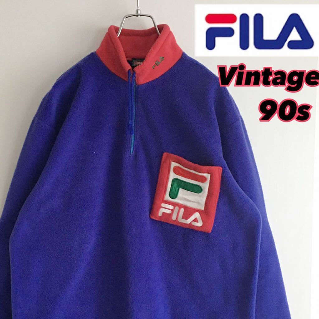  редкость *90s*FILA filler флис половина Zip тянуть over большой Logo Vintage 