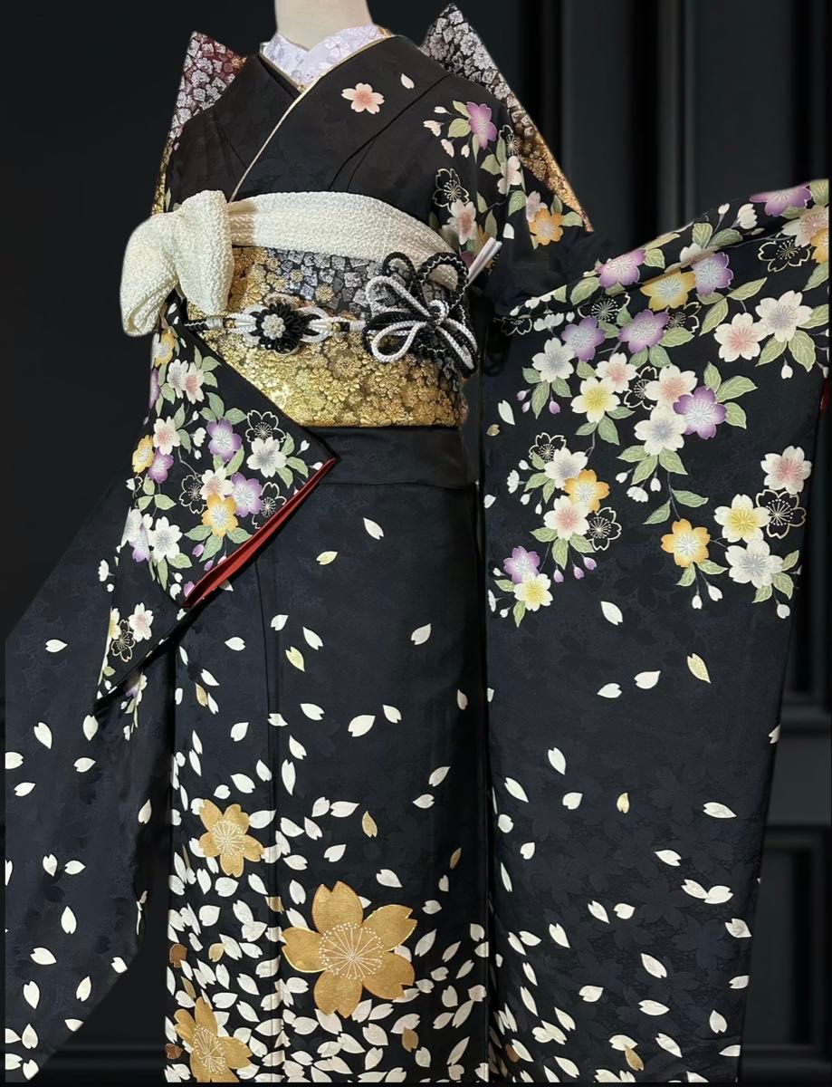 お値下 振袖フルセット成人式逸品美品トールサイズ黒地桜手描き お値下 振袖フルセット成人式逸品美品トールサイズ黒地桜手描き