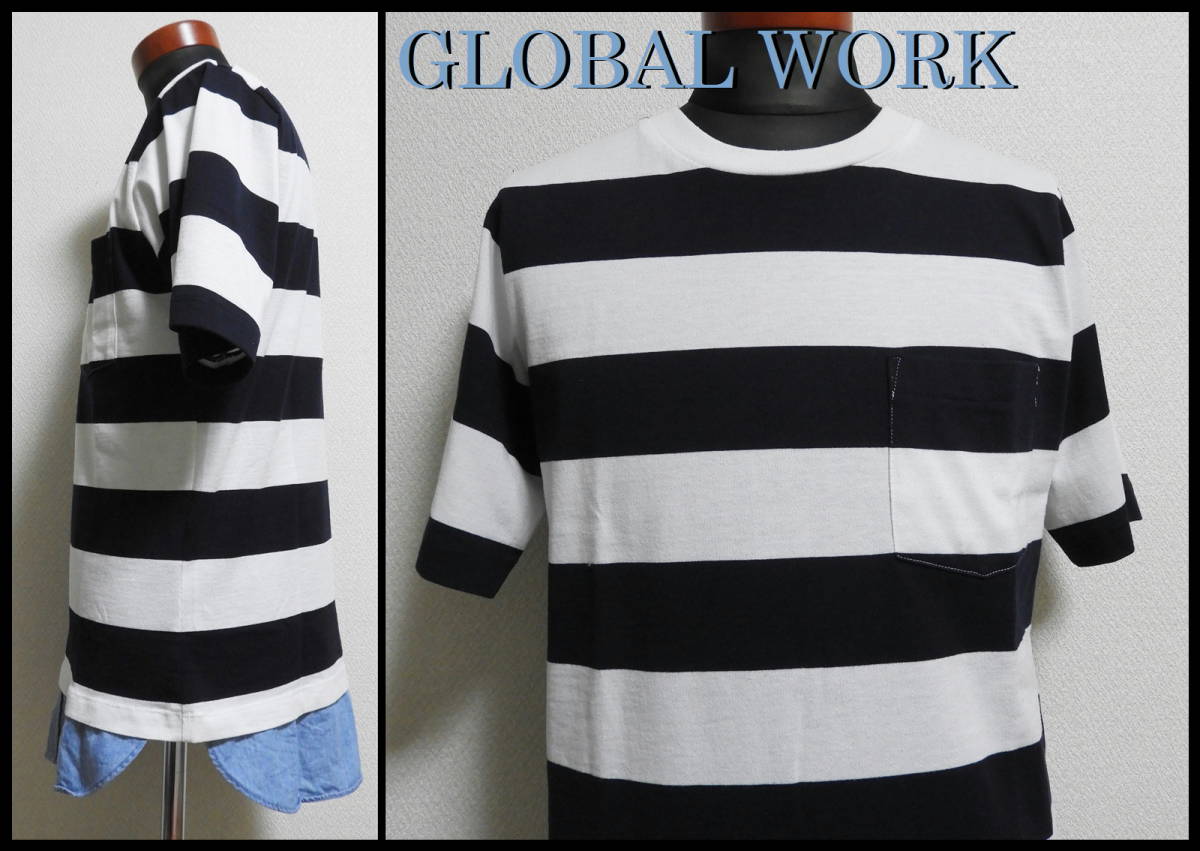 GLOBAL WORK ボーダーTシャツ グローバルワーク 白 紺 ホワイト ネイビー シャンブレー デニム 切り替え デザインＴ メンズ M 丸襟 半袖_画像7