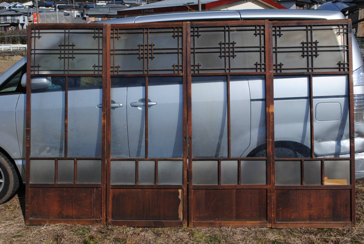 柳2　昭和レトロ　4枚組　十字＆田形模様　組木細工　透明＆粗目ガラス張り 木製引戸　1768x700x30ミリ