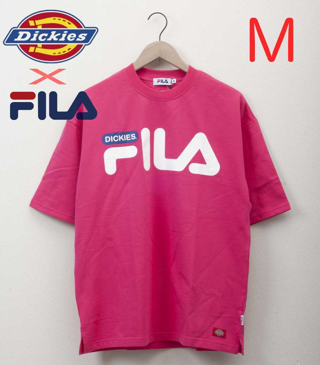 【新品未使用】Mサイズ Dickies FILA ロゴ入り五分袖ワイドTシャツ！ 5分袖 ディッキーズ フィラ ピンク ブランド ストリート ゆったり