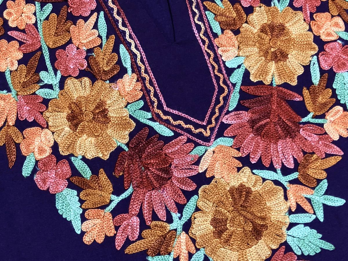 インド カシミール刺繍 可愛いカフタン風ロング丈チュニック ワンピ(紫) L_画像7