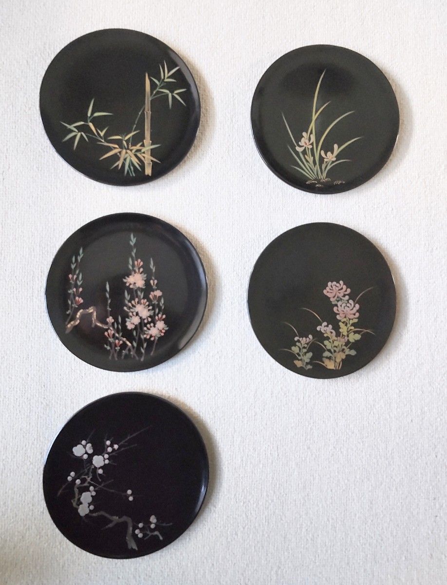 輪島塗 菓子皿 5枚 輪島塗・蒔絵/ 21cm丸盆(菓子皿など)5枚セット 工芸品、民芸品