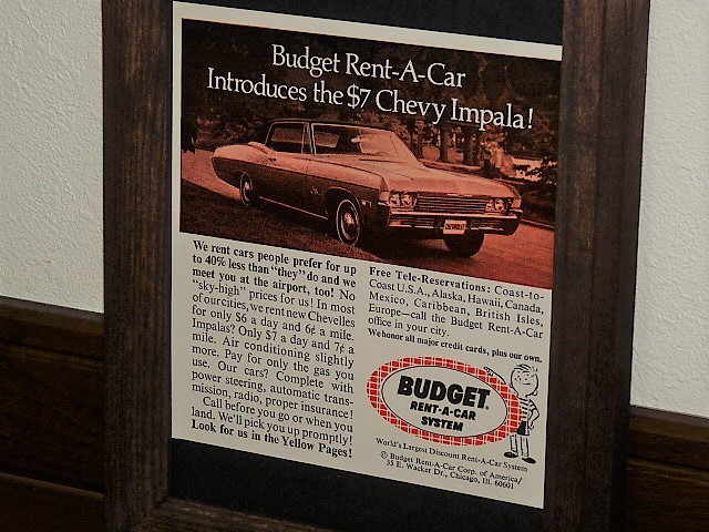 1968年 USA '60s 洋書雑誌広告 額装品 Budget Rent A Car バジェット / 検索 Chevrolet Impala シボレー インパラ ( 2L判サイズ )_画像2