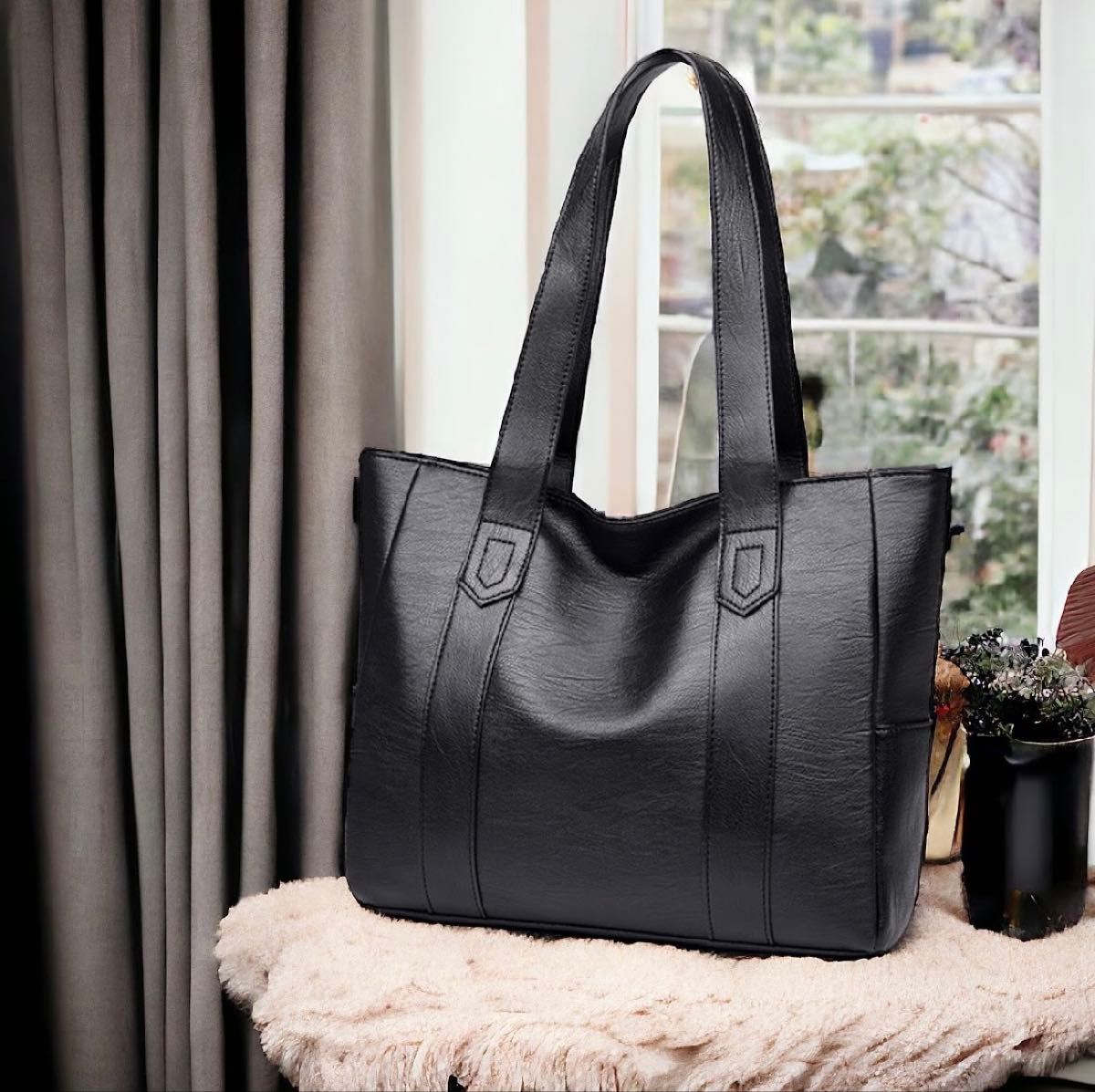 美品 フルラ トートバッグ ビジネス A4 レザー シボ革 ナイロン 大容量 黒 トートバッグ レザー ブラック 黒 ビジネスバッグ シンプル