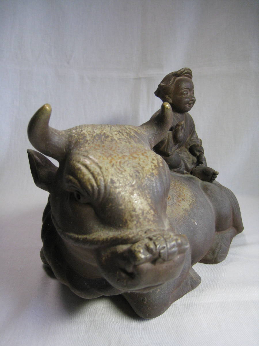 備前焼 【騎牛帰家童子像】名工14代 木村友敬 幅約38cm 備前焼 【騎牛帰家童子像】名工14代 木村友敬 幅約38cm