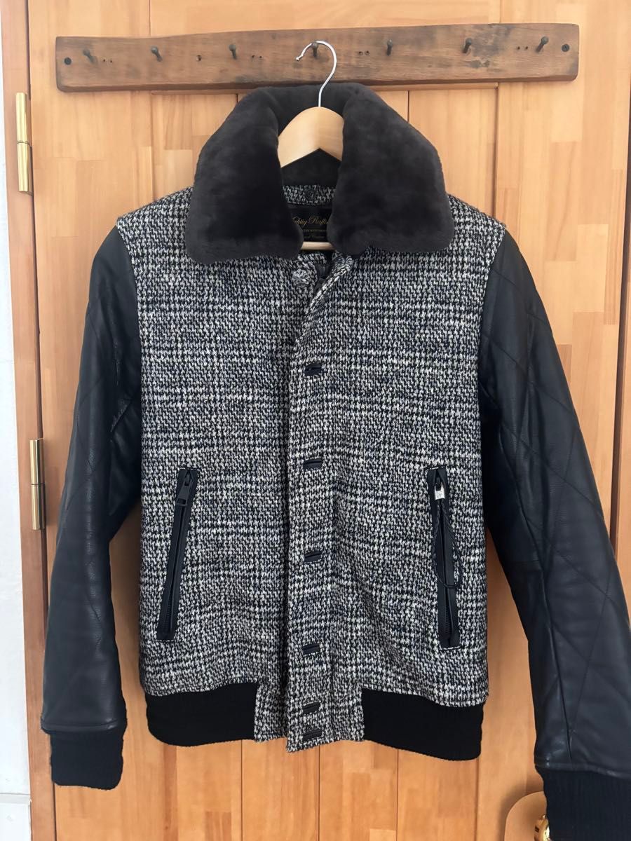 Maktig Raffinato 襟ムートン ツイード×レザー 袖革スタジャン ブルゾン