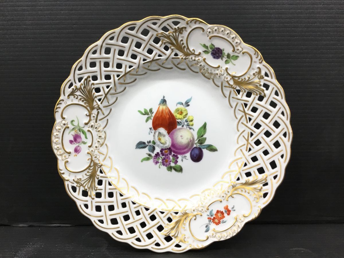 TK216-60【希少】MEISSEN マイセン 金彩透かしレリーフ 果物文