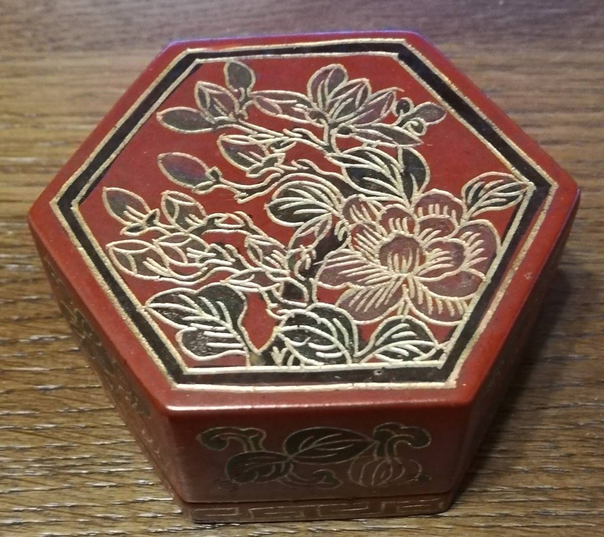 中国清代　六角漆合　紅漆描金　花鳥　煎茶道具　古美術品　香道具_画像1