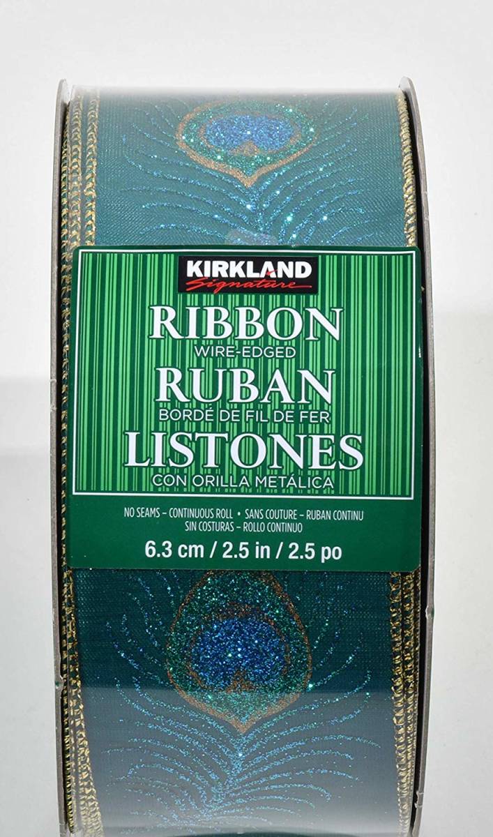 【送料無料】即決 新品 ★ コストコ ワイヤーエッジリボン 45.7m 6.3cm幅 ピーコック 羽根 KIRKLAND ラッピング 業務用 装飾 プレゼント_画像3