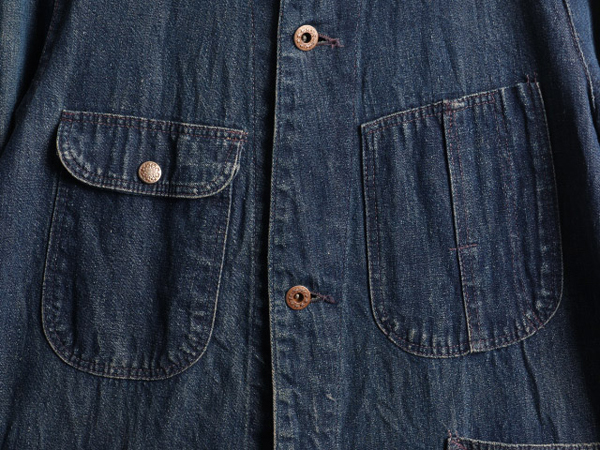 40's ビンテージ 大戦モデル 月桂樹ボタン ガチャポケ デニム カバーオール ( 男性 メンズ M 36 程) 古着 40年代 デニム ジャケット  濃紺