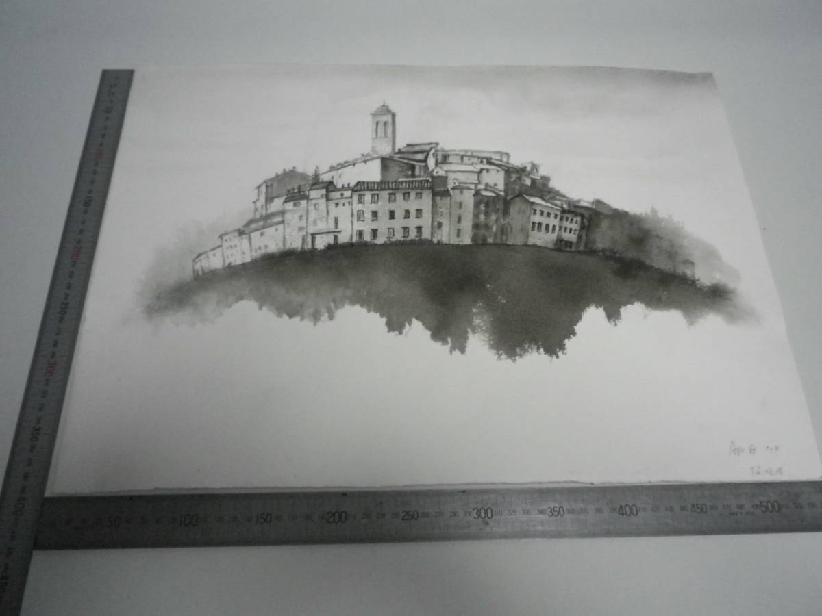 イタリア丘の上の教会~ 椿裏表描画水墨画坂垣内将泰作者