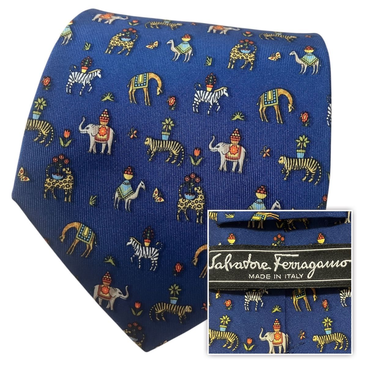 Salvatore Ferragamo 動物柄ネクタイ ネイビー Salvatore Ferragamo 動物柄ネクタイ ネイビー