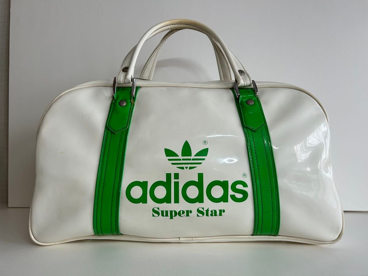 80年代 adidas アディダス エナメル ボストンバッグ 白/緑 80年代 adidas アディダス エナメル ボストンバッグ 白/緑